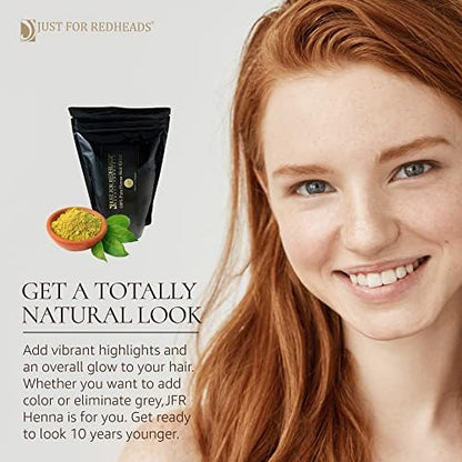 Back label of Just For Redheads Strawberry Blonde Henna detailing pure ingredients and application warnings.
