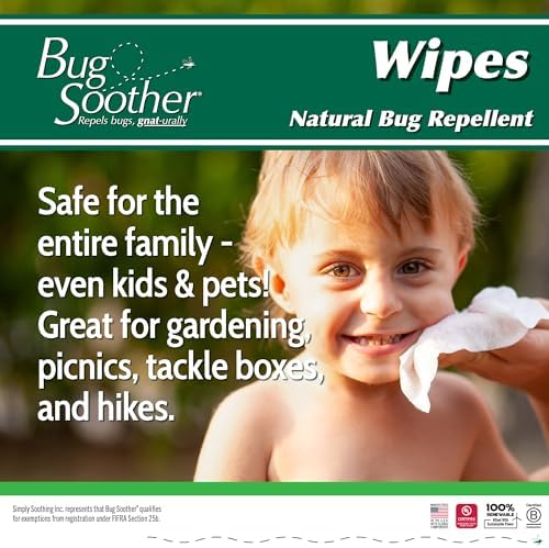 Fifteen count carton of Bug Soother non-greasy mosquito deterrent wipes for kids and pets.