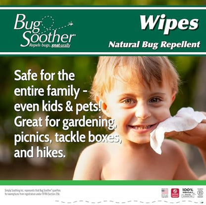 Fifteen count carton of Bug Soother non-greasy mosquito deterrent wipes for kids and pets.