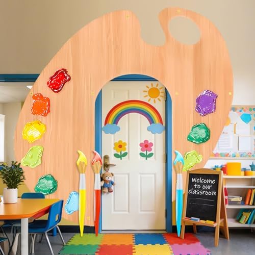Three piece artist palette door curtain banner hanging on a preschool classroom entryway.