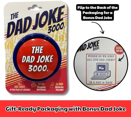 The Dad Joke 3000 portable joke generator device being pressed by a hand