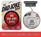The Dad Joke 3000 portable joke generator device being pressed by a hand