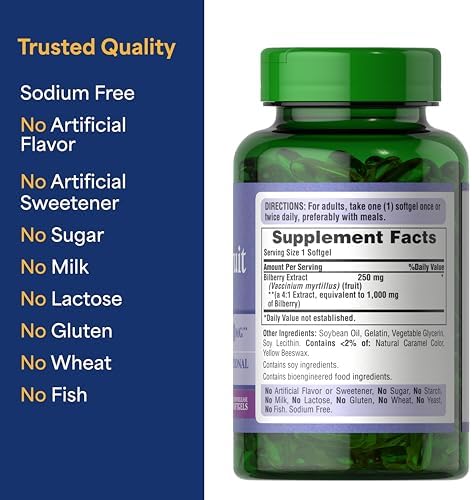Side angle of Puritan's Pride Bilberry softgels showing safety seal and manufacturing details
