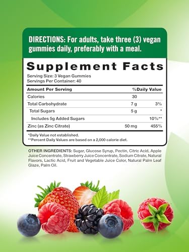 Mixed berry flavored vegan zinc gummies by Nature's Truth for adults