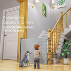 Child proof safety gate fully retracted next to indoor staircase stairs