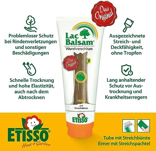Back label view of Etisso tree wound dressing with instructions for fruit and ornamental trees.