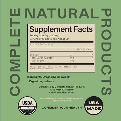 Complete Natural Products pure sea kelp container highlighting 75 servings for thyroid and digestion support.