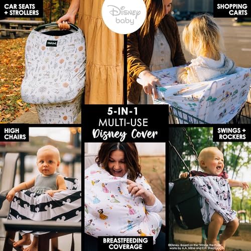 Milk Snob Disney nursing cover stretched over an infant car seat