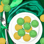 Close up view of Augsun Irish themed plastic tokens highlighting the detailed leprechaun party pattern.