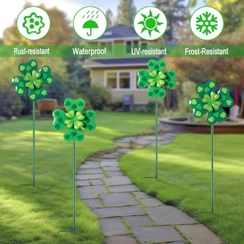 Outdoor garden setting with shamrock kinetic stakes