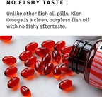 Kion omega 3 fish oil bottle next to serving of mini capsules