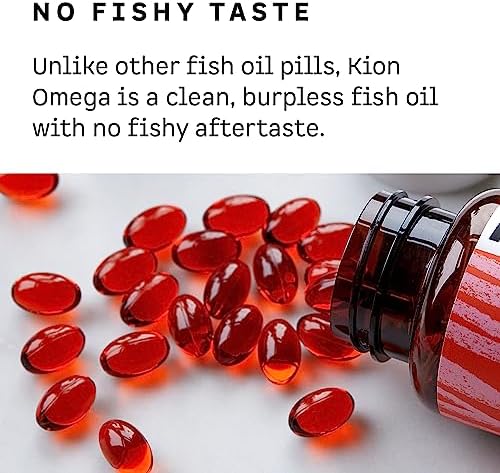 Kion omega 3 fish oil bottle next to serving of mini capsules