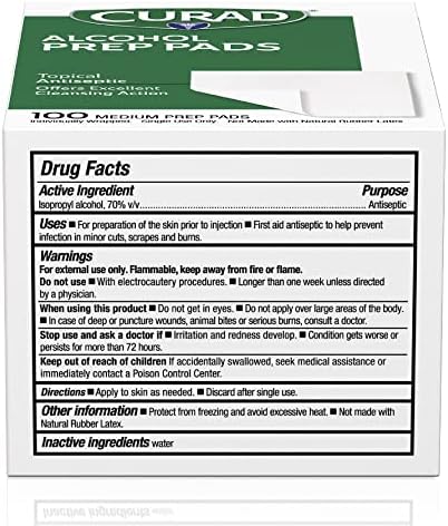 Saturated isopropyl alcohol wipes being used to clean skin before an injection