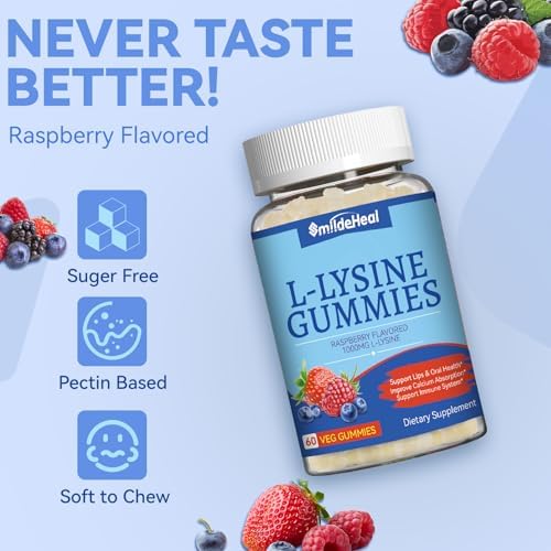 SmildeHeal L-Lysine 1000mg Gummies open bottle showing raspberry chewable gummies