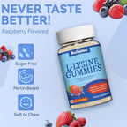 SmildeHeal L-Lysine 1000mg Gummies open bottle showing raspberry chewable gummies