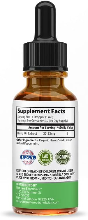 Organic hemp oil extract with Omega 3 6 9 labeling