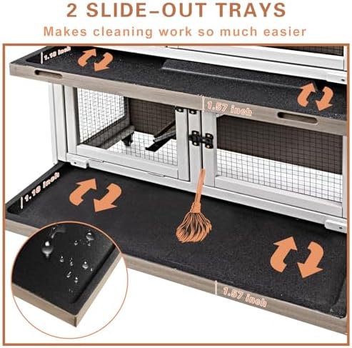 Gowoodhut 36" L Rabbit Hutch Indoor Wooden 2 Story Bunny Hutch Rabbit Cage Outdoor Bunny Cage on 4 Metal Wheels and 2 Deeper Pull Out Trays, Ramp, Guinea Pig Pet House for Small Animals, Grey - Image 5