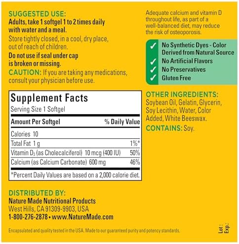 Nature Made Calcium 600 Milligrams with Vitamin D3 cholecalciferol serving size details