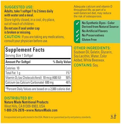 Nature Made Calcium 600 Milligrams with Vitamin D3 cholecalciferol serving size details