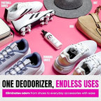 Fresh Foot Miracle spray bottle being applied to a pair of athletic sneakers.