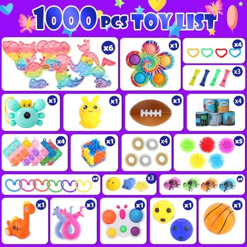 Close up of diverse sensory fidget toys including pop its and squishies