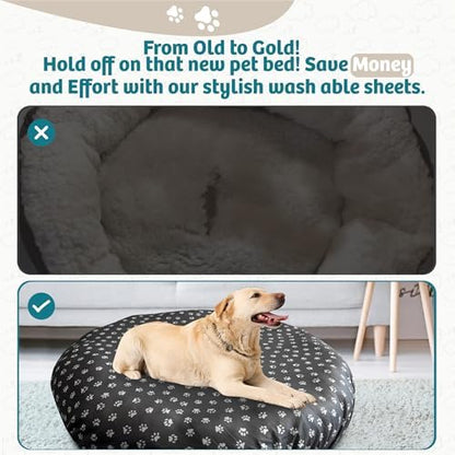 Washable dog bed cover rolled neatly next to its packaging bag