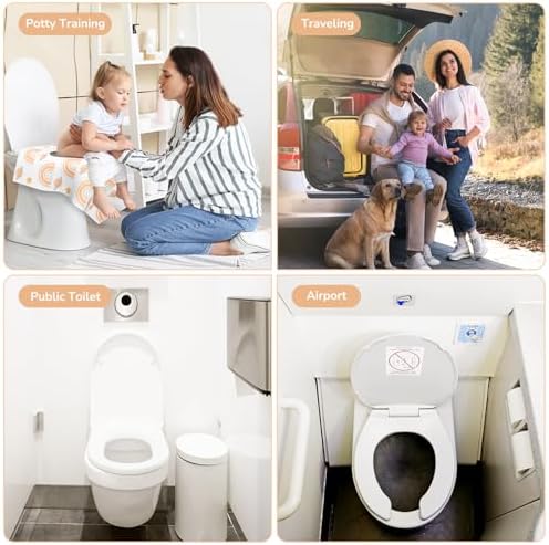 Toddler using a public restroom safely with the large rainbow pattern protective mat fully installed