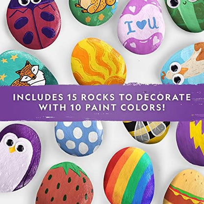 Close up view of the fifteen smooth river stones and paint palette included in the National Geographic art kit.