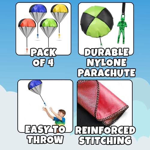 Four outdoor paratrooper figures with expanded red blue yellow and green nylon canopies