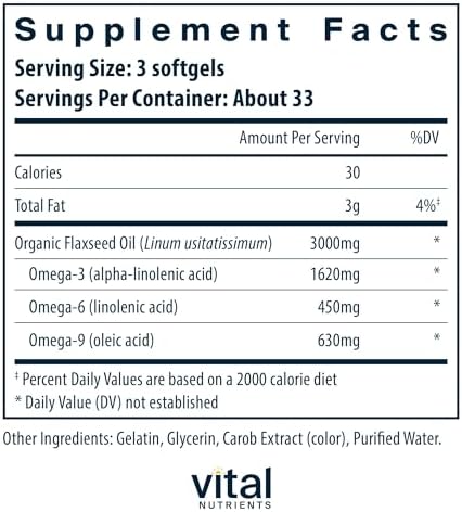 Vital Nutrients Flax Seed Oil supplement nutritional facts label showing Omega 3 ALA content