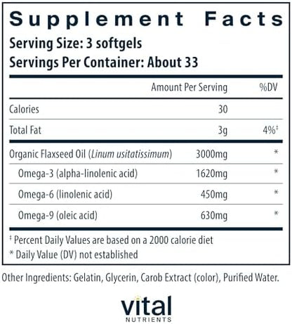 Vital Nutrients Flax Seed Oil supplement nutritional facts label showing Omega 3 ALA content