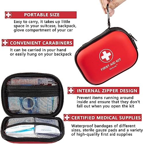 Portable red emergency survival kit with 120 medical supplies