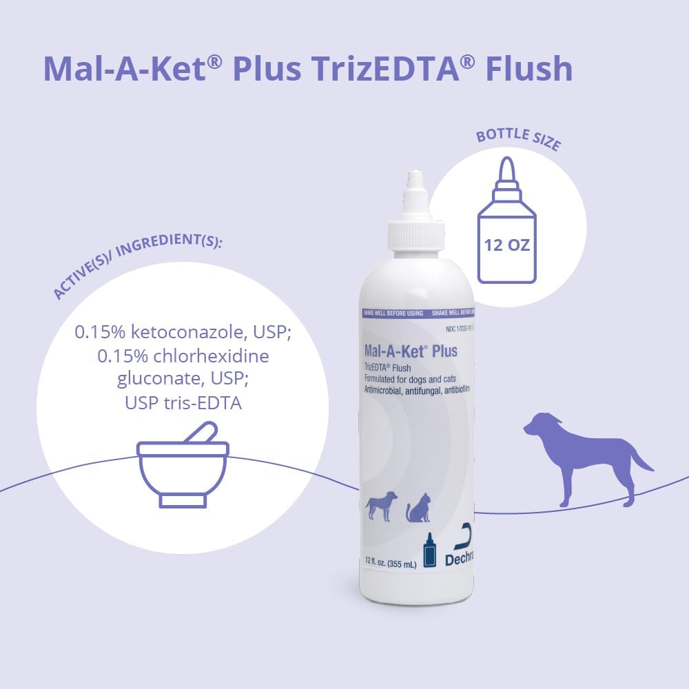 Side profile of Dechra Mal-A-Ket pet flush bottle detailing safety warnings and topical application directions