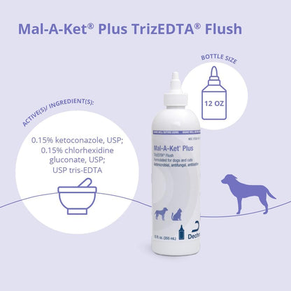 Side profile of Dechra Mal-A-Ket pet flush bottle detailing safety warnings and topical application directions