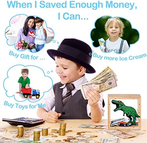 ICOSY dinosaur money box side profile detailing the natural wood texture and coin slot