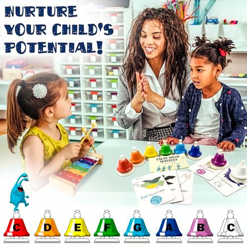 Full packaging box of the MiniArtis diatonic desk bells set displaying the colorful educational graphics.