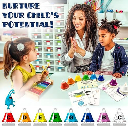 Full packaging box of the MiniArtis diatonic desk bells set displaying the colorful educational graphics.