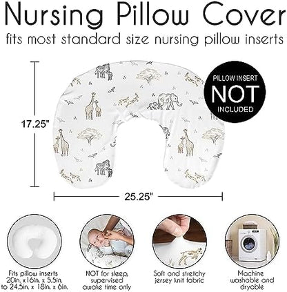 Side angle view of safari themed breastfeeding pillow case
