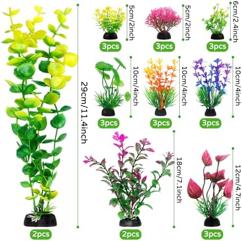QUOZUO colorful aquarium decor pack showcasing nine different lifelike plant styles