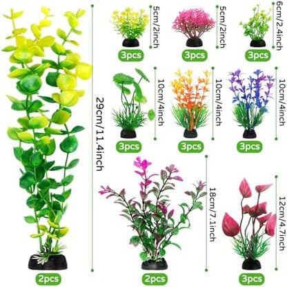 QUOZUO colorful aquarium decor pack showcasing nine different lifelike plant styles