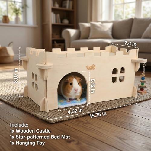Castle Chinchilla House, Small Animal Hideout for Chinchilla, Guinea Pig, Hedgehog, or Rat, Ventilated Wooden Guinea Pig Hut Habitat with Multiple Doors (Large) - Image 6