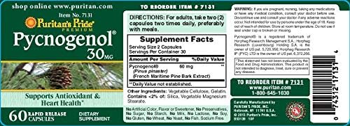 Authentic Puritan's Pride Pycnogenol supplement nutritional facts and ingredient label on the green bottle