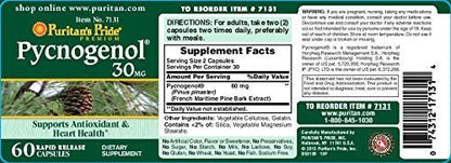 Authentic Puritan's Pride Pycnogenol supplement nutritional facts and ingredient label on the green bottle