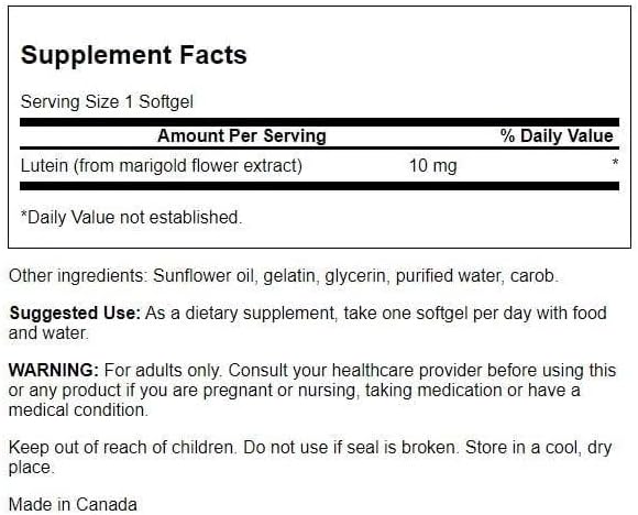 Swanson Lutein 10 mg softgels supplement bottle label detail