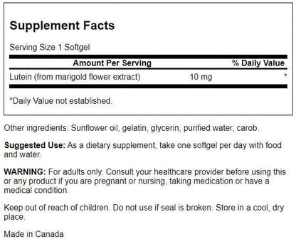 Swanson Lutein 10 mg softgels supplement bottle label detail