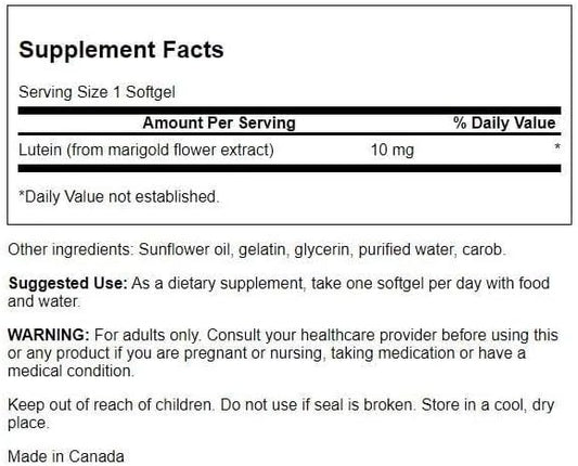 Swanson Lutein 10 mg softgels supplement bottle label detail