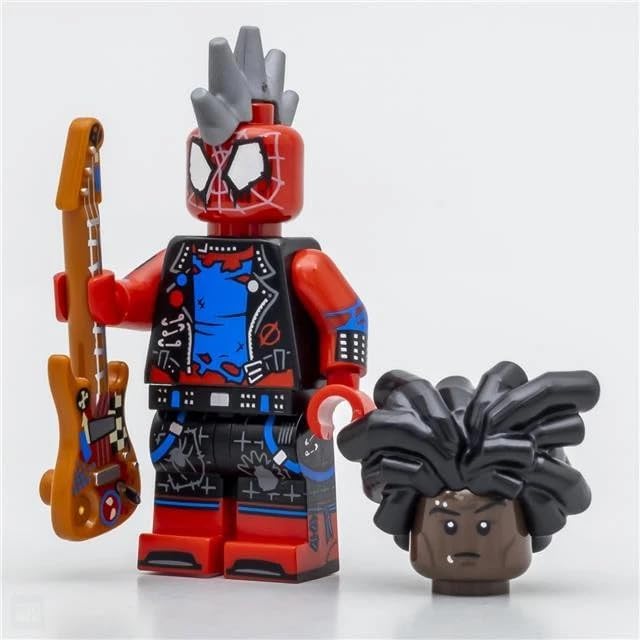 LEGO Marvel Spider-Punk Hobie Brown 71050 minifigure front view with guitar accessory