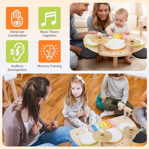MAXZONE toddler percussion activity table with three legs assembled on a playroom floor.