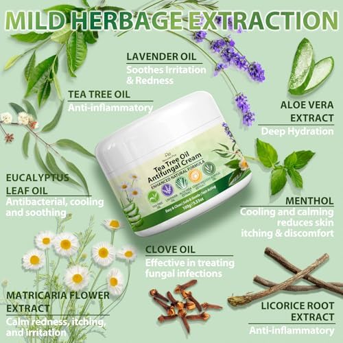 Back label of Recuren Plus Antifungal Cream showing tea tree oil and miconazole nitrate ingredients.