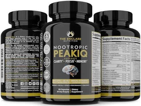 Peakiq cognitive vitamins supplement facts panel with 40 brain ingredients
